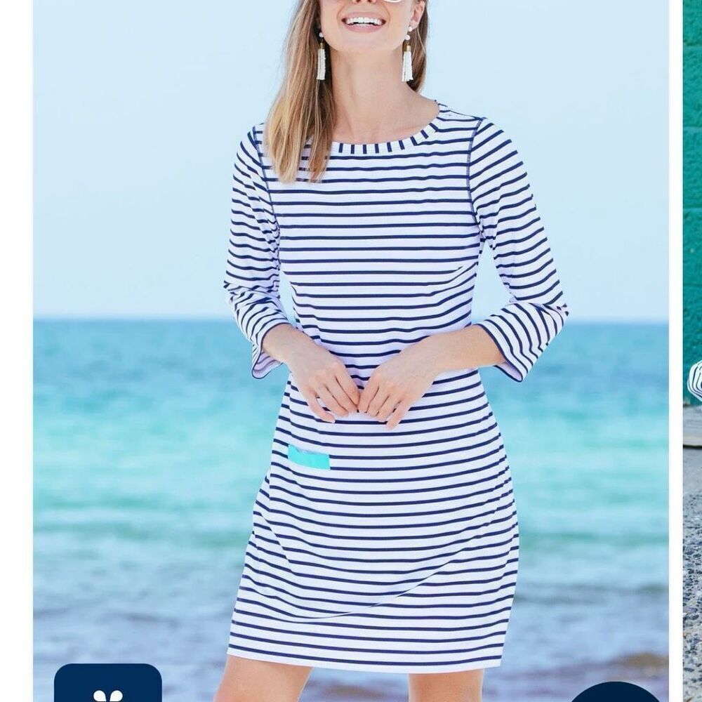 NEW Cabana LifeāNavy Stripe Cabana Shift Dress Size XS slinky blue white turquoi